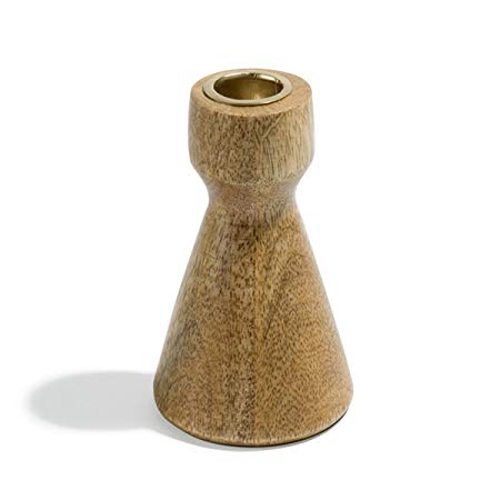 Taper Candle Holder Wood, Contemporary Hourglass Shape with Brass Details