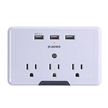 JF.EGWO Circuit Breaker Wall Mount Power Strip Flat Plug with 3 USB Ports 3 AC Outlets for Home Kitchen