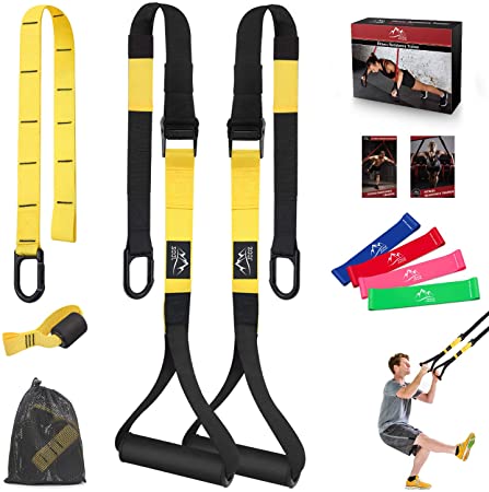 JDDZ Bodyweight Resistance Training Straps, Complete Workout Straps Fitness Trainer kit Included Door Anchor, Extension Strap, 16 Week Program, Fitness Guide, 4 Exercise Loop Bands