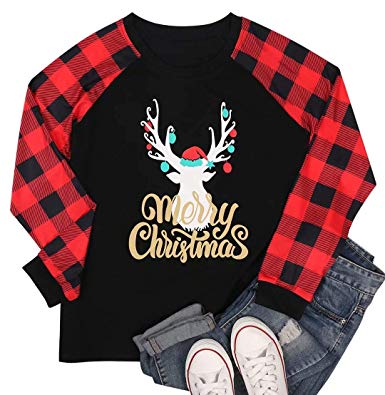 Christmas Shirt Womens Merry Christmas Leaf Print O Neck Long Sleeve Splicing Baseball T-Shirt