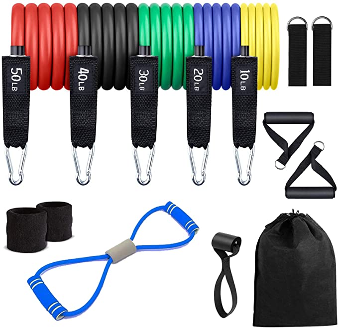 JawaMax Fitness Insanity Resistance Bands Set - 14-Piece Exercise Bands - Portable Home Gym Accessories .- Stackable Up to 150 lbs. - Perfect Muscle Builder for Arms, Back, Leg, Chest, Belly, Glutes