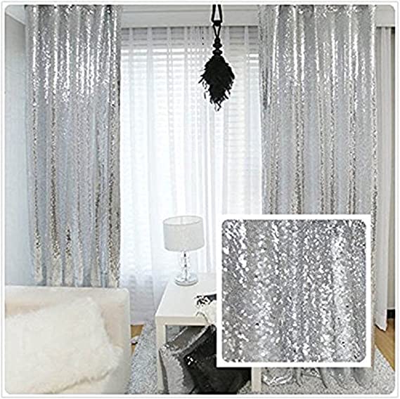 TRLYC Shiny Sequin Backdrop Curtains for Wedding Party Decor (2 Panels, W2 x H8FT,Sliver)