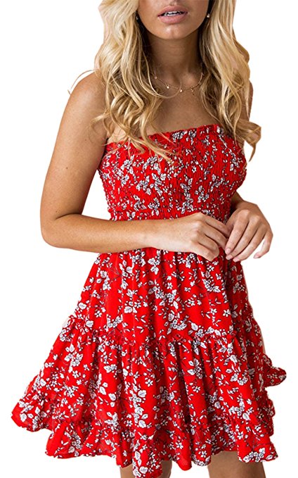 Angashion Women's Floral Strapless Pleated Flowy Skater Mini Tube Dress