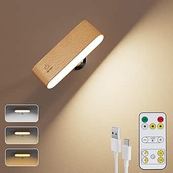 Wireless Wall Sconces [with Remote], Rechargeable Wooden Wall Lights Battery Operated Wall Sconce, 3 Color Temps Dimmable & 360° Rotatable, Magnetic Wall Mount Light for Bedroom, Living Room