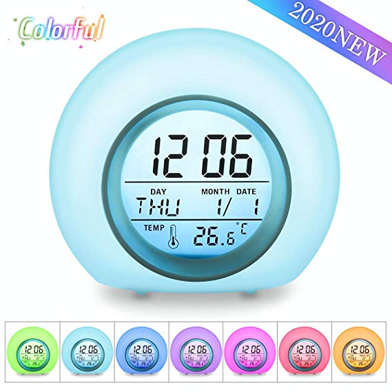 OUTERDO Kids Alarm Clock, Children's Light Alarm Clock for Bedrooms, 7 Color Changing Bedside Clock for Boys Girls,with Indoor Temperature, Touch Control and Snoozing(Blue)