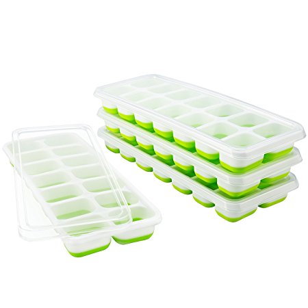 Homasy Easy-Release Ice Cube Trays, 14-Cube Trays (Pack of 4), LFGB Certified, Spill-Resistant Lid Included – White and Green