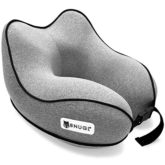 SNUGL Travel Pillow - Premium Ergonomic Design Memory Foam Cushion - Head, Neck & Chin Support for Airplane, Train or Car - Portable Compact Travel Bag with Clip Included (Graphite Grey)