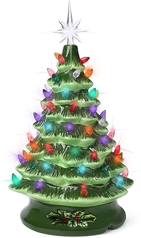 Ceramic Christmas Halloween Tree Green Black Prelit Christmas Decorations Tabletop Winter Tree Décor with Multicolor Bulbs Star Topper Vintage Christmas Lights (Christmas Ceramic Tree 13 Inch)