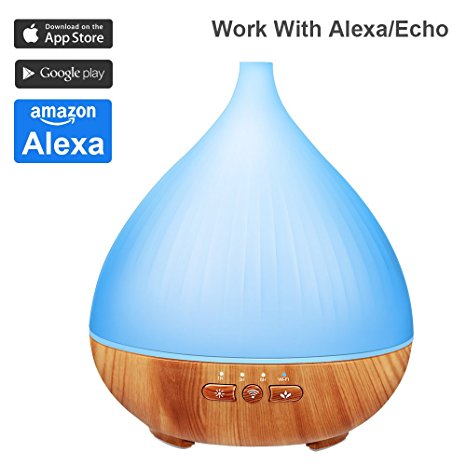 300ml Smart WI-FI Essential Oil Diffuser ,Works with Alexa ,APP Control By IOS/Android Phone,Wooden Grain Ultrasonic Cool Mist Aroma Humidifier for Bedroom(White)