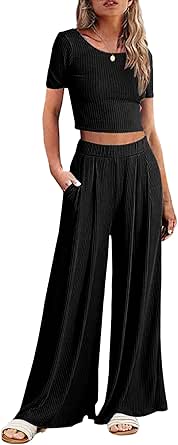 Ekouaer Women's 2 Piece Lounge Sets Short Sleeve Pajama Set Ribbed Knit Crop Top Wide Leg Pants Loungewear S-XXL