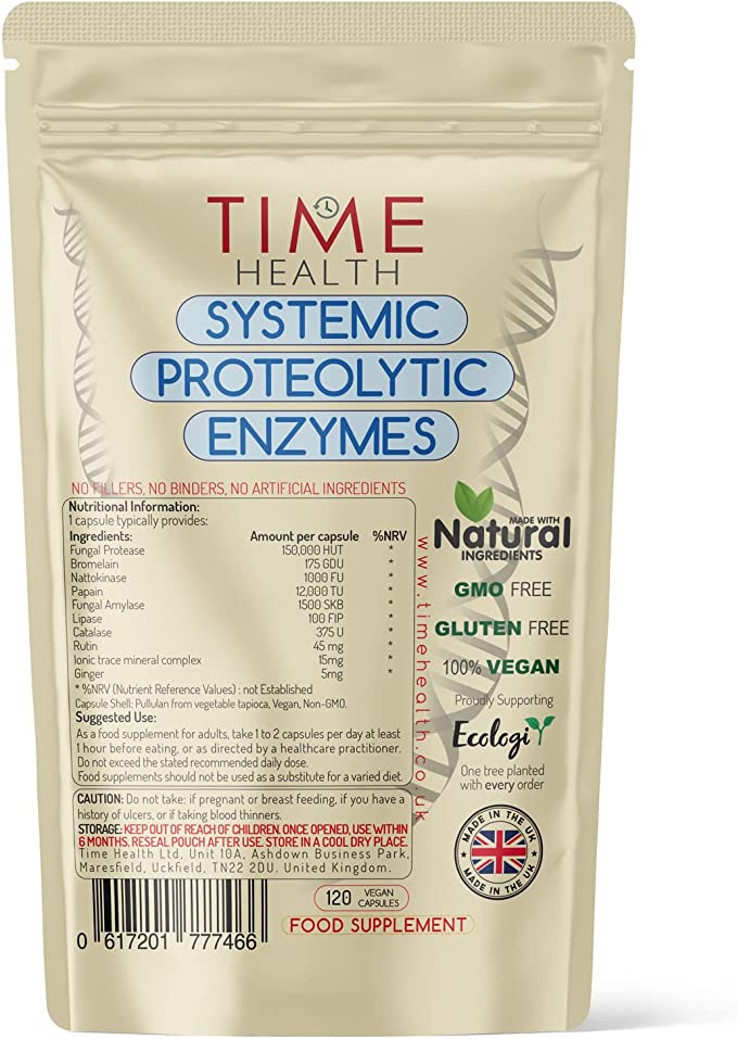 Systemic Proteolytic Enzymes Complex – Repair & Recovery – Mixed Enzyme Formula with Ginger & Ionic Trade Minerals – UK Made – Zero Additives – Pullulan (120 Capsule Pouch)