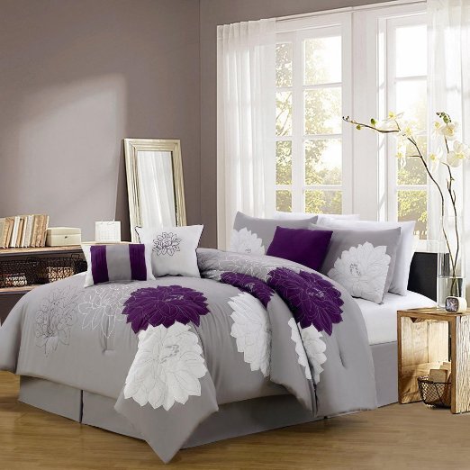 7 Piece Modern Embroidered Comforter Set (Queen, Purple/Grey)