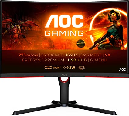 AOC Gaming CQ27G3SU - 27 Inch QHD Curved Monitor, 165Hz, 1ms MPRT, FreeSync Premium, Height Adjust, Speakers (2560x1440 @ 165Hz, 300 cd/m² HDMI 2.0 / DP 1.2 / USB 3.2)