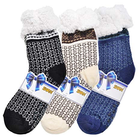 Swan Men's Sherpa-Lined Thermal Christmas Slipper Socks with Gift Tags (3-Pack)
