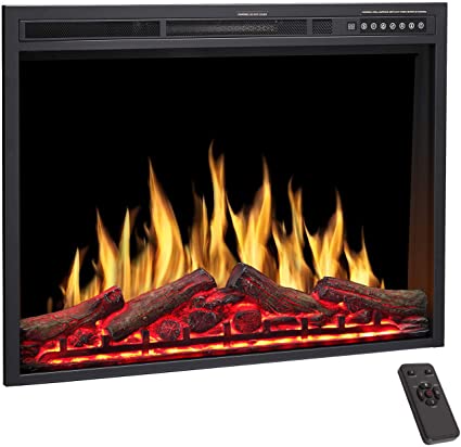 R.W.FLAME Electric Fireplace Insert 34Inch with Adjuatble Flame Colors, Log Colors, Flame Speed and Brightness, Remote Control, 750W/1500W