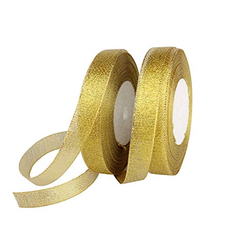 Feyarl Glitter Metallic Gold Ribbon 5/8-inch Wide Sparkly Fabric Ribbon Gift Crafters Sewing Ribbon Wedding Party Brithday Wrap Card Making Ribbon Hair Bows Floral Projects Ribbon (Gold)
