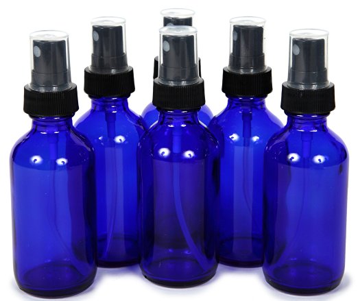 6, Cobalt Blue, 2 oz Glass Bottles, with Black Fine Mist Sprayers