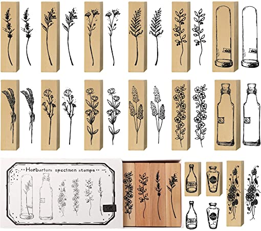 15 Pieces Wooden Rubber Stamp Vintage Wooden Stamps Plant and Flower Decorative Vintage Mounted Rubber Stamp Set for DIY Craft, Card Making, Letters Diary, Craft Scrapbook Painting (Beautiful Style)