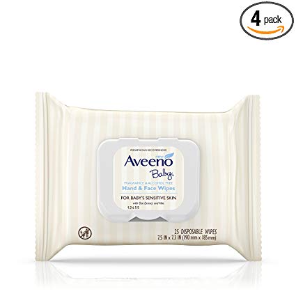 Aveeno Baby Hand & Face Baby Wipes with Oat Extract and Aloe, Fragrance-Free Wipes for Sensitive Skin, Free of Sulfates, Alcohol, and Parabens 25 Count (Pack of 4)