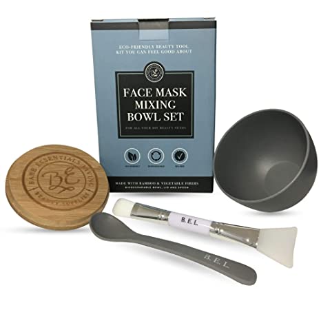 Face Mask Mixing Bowl Set- with Bamboo Lid, Spoon and Dual Side Face Mask Brush Applicator Soft Silicone Spatula and Face Mask Brush for DIY Clay Mud Mask, Facials, Body and Hair by Bare Essentials Living