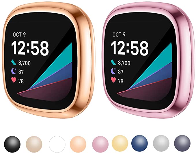 KIMILAR 2-Pack compatible with Fitbit Sense/Versa 3 Screen Protector, TPU Plated Full Coverage Screen Bumper Cover Case Screen Protector compatible with Fitbit Sense/Versa 3, Rose gold Rose pink