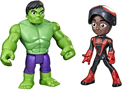 Marvel Spidey and His Amazing Friends Hero Reveal 2-Pack,-Action Figures,-Mask Flip Feature, Miles Morales: Spider-Man and Hulk, 3 and Up