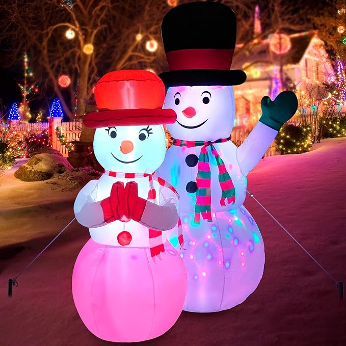 FirstE 7FT Christmas Inflatables Snowman, Giant Christmas Blow Up Snowman Couple Built-in Rotating Colorful LED Light & Red LED Light, Wear Magic Hats and Striped Scarfs, Decor for Indoor, Yard, Lawn