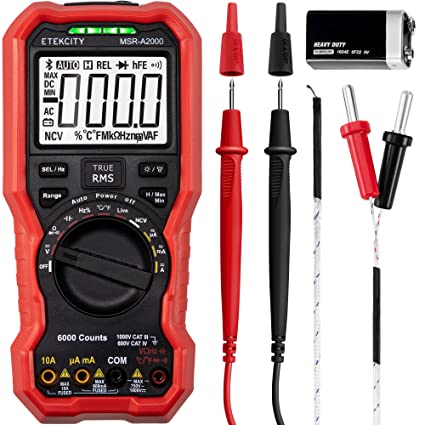 Etekcity Digital Multimeter Voltmeter TRMS 6000 Counts, AC DC Voltage Meter and Current Tester with Volt, Ohm, Amp, Diode, Capacitance, Frequency, Temperature, NCV, for Automotive, Red, MSR-A2000