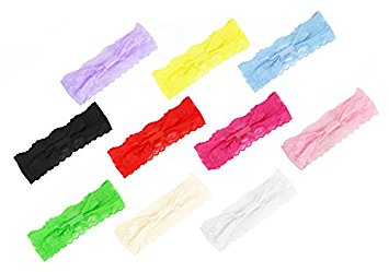 HipGirl 10pc Pack 2" Wide Floral Lace Elastic Stretch Boutique Headband Hair Wrap Band Beauty Accessory for Girl Baby Toddler. Can Be Decorated with Hair Bow, Ribbon Flower and Hairclip