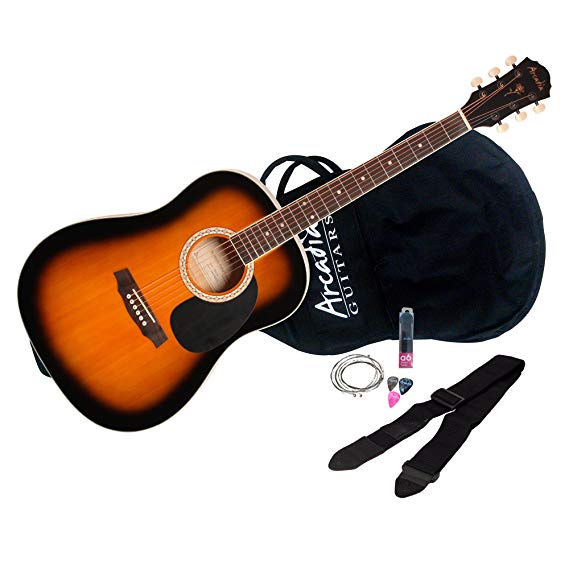 Arcadia DL36TS 36" Parlor Size Acoustic Guitar Pack, Spruce Tobacco Sunburst Finish