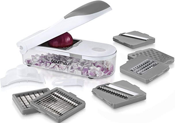 Gourmia GCU9215 Multipurpose Kitchen Dicer Set Mandoline, Julienne, Slicer, Chopper, Shredder,and Grater Set With 7 Interchangeable Stainless Steel Blades,Hand Guard&Storage Lid,BPA free