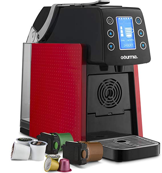 Gourmia GCM5100 One Touch Multi Capsule Coffee & Espresso Machine - Single Serve - Compatible with K-Cup Pods & Nespresso - Digital Display - Red