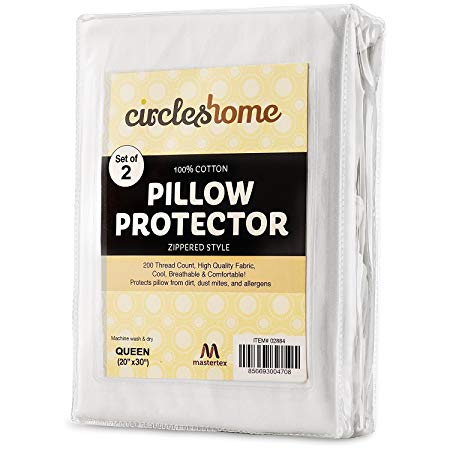 MASTERTEX 100% Cotton - Pillow Protector - 200 Thread Count - Zippered Style Pillow cover - Protects from Dirt, Dust Mites & Allergens - Set of 2 - Queen Size (20x30")