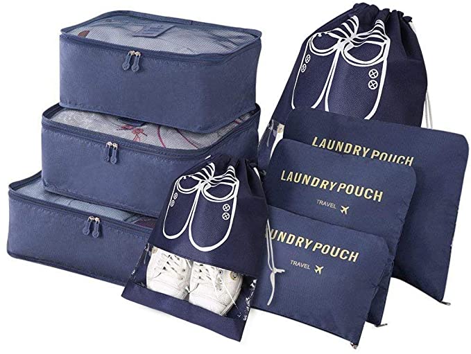 Vicloon Packing Cubes, 8 PCS Travel Organiser Packing Bags Travel Luggage Packing Organizers with Shoe Bag for Clothes Suitcase Shoes (Blue)