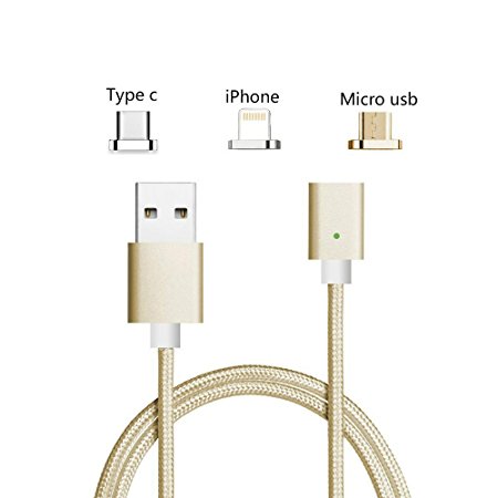 USB C Cable Magnetic,Animoeco Lightning USB C Micro 3 in 1 Multiple 2.4A Quick Charger Cable USB Nylon Braided For iPhone 7 7 plus/ 6 6s Plus/iPad Samsung Galaxy S6 S7 S8 plus Lg V20 (gold)
