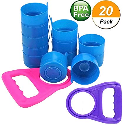 Wesdxc 20 Pieces Non Spill Caps Anti Splash Bottle Caps Reusable for 55mm 3 and 5 Gallon Water Jugs with 2 Pieces Water Bottle Handle（Random Color）