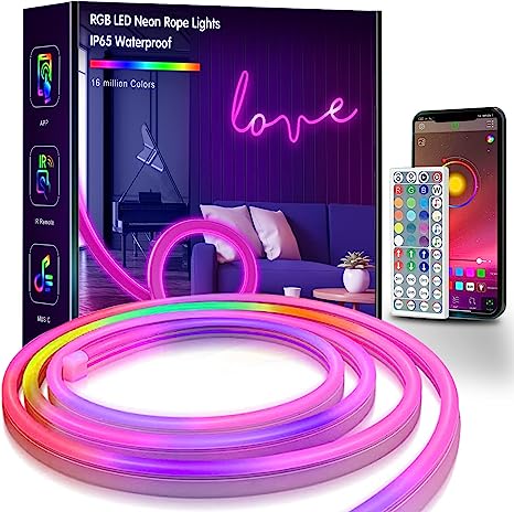 L8star Neon Lights,16.4ft RGB LED Neon Rope Light with Remote Control, Neon Strip Light Smart Color Changing Neon Flex LED Strip Lights DIY Mode Neon Lights for Bedroom Indoors Outdoors Decor