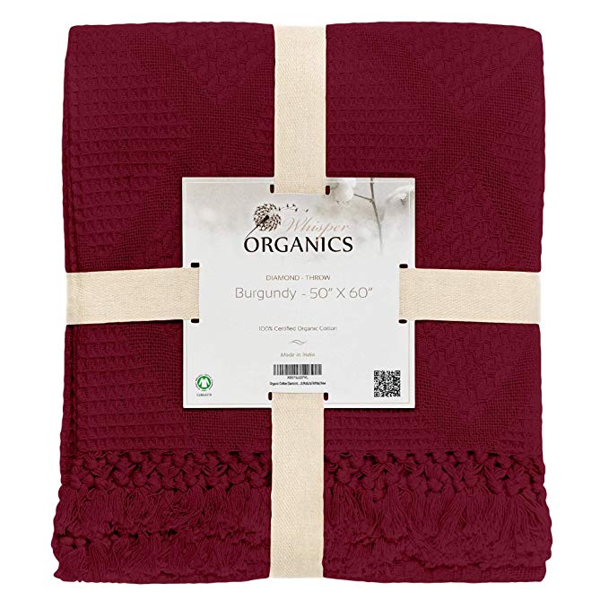 Whisper Organics Organic Cotton Throw Blanket G.O.T.S. Certified - Diamond Pattern (50x60, Burgundy)