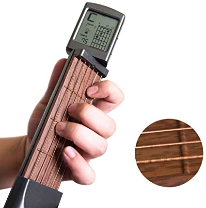 Pocket Guitar Chord Practice Tool, Six string Portable Guitar Neck for Trainer Beginner with a Rotatable Chords Chart Screen