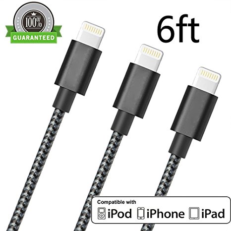 ONSON iPhone Charger,3Pack 6FT High Speed Nylon Braided iPhone Cable Lightning Cord for iPhone 7/7 Plus/6/6 Plus/6S/6S Plus,SE/5S/5,iPad,iPod Nano 7 (Black White)