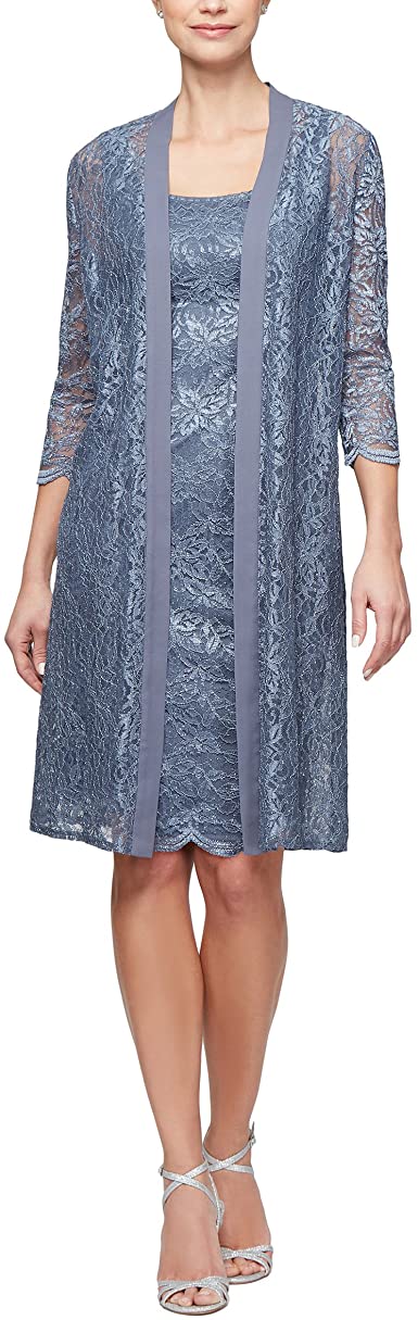 Alex Evenings Women's Long Jacket with Lace Dress (Petite and Regular Sizes)