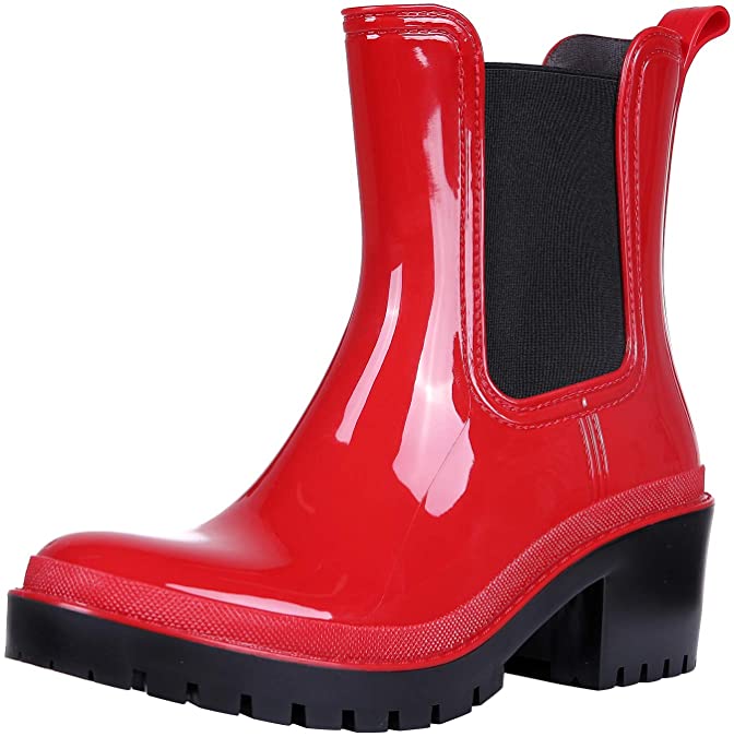 Platform Rain Boots for Women Chunky Heel Waterproof Ankle Boots