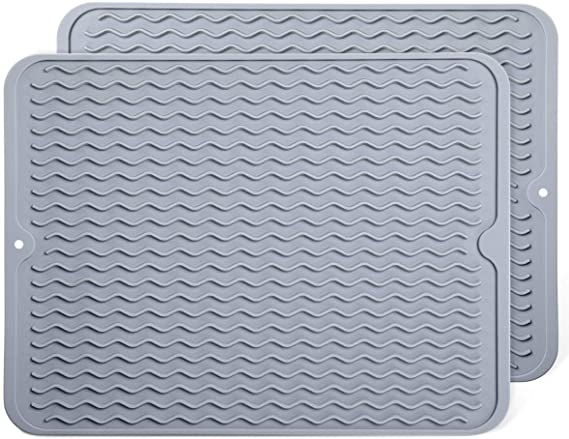 Tuffen 2 Pack Silicone Dish Drying Mat - 15.9" X 12.1" - Kitchen Counter top Mat, Non-Slip Dish Drainer Pad, Heat Resistant Trivet, Dishwasher Safe (Set of 2, Gray)