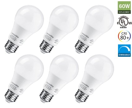 A19 LED Bulb, LuminWiz 9W 4000K 800lm Dimmable UL-Listed LED Light Bulbs 60W Equivalent, Daylight White, 6-Pack