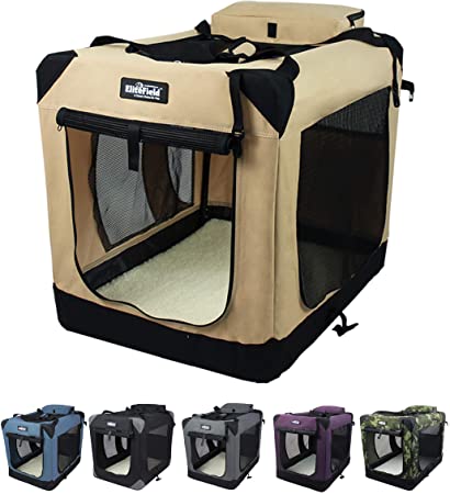 EliteField 3-Door Folding Soft Dog Crate, Indoor & Outdoor Pet Home, Multiple Sizes and Colors Available (30" L x 21" W x 24" H, Beige)