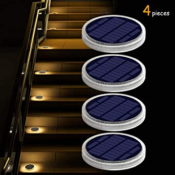Solar Deck Lights Outdoor Waterproof, Garden Driveway Walkway Pathway Ground Step Dock Lights Solar Powered, LED Solar Lighting for Backyard Patio Lawn, auto ON/Off - Warm White(4 Pack)