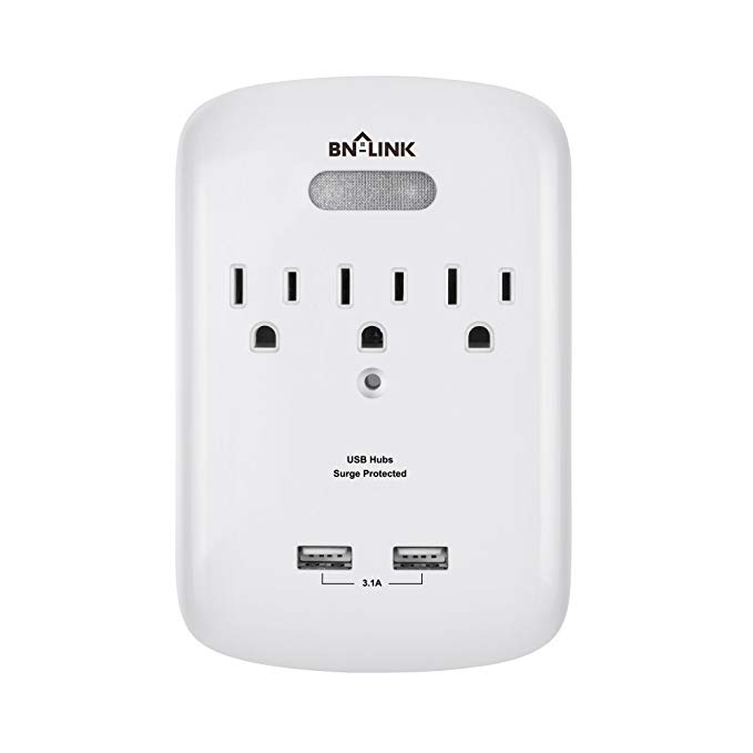 BN-LINK Wall Mount Adapter Surge Protector 3 Electrical Outlets 2 USB Charging Ports (3.1A) Automatic Sensor Night Light, White