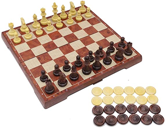 T Tocas Foldable Chess Set 2 in 1 Magnetic Chess & Checker Pieces Board for Kids Adult 31cm x 31cm