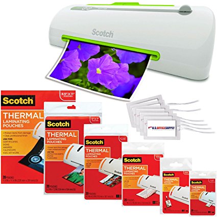 Scotch Pro Thermal Laminator, 2 Roller System, 16.06 x 4.25 x 4.96 Inches Combo Pack with 110 Assorted Pouch Sizes & Scotch Brand Luggage Tags