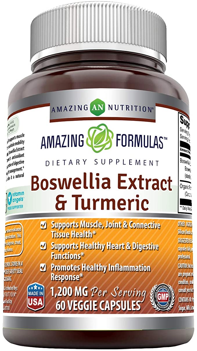 Amazing Formulas Boswellia Extract & Turmeric 1200mg per Serving Veggie Capsules-Supports Muscle,Joint & Connective Tissue Health,Heart & Digestive Function(60 Count) (Non GMO,Gluten Free)